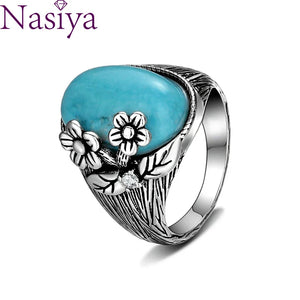 Turquoise Moonstone Ring S925 Sterling Silver Women's Retro Flower Jewelry
