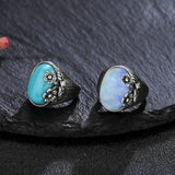 Turquoise Moonstone Ring S925 Sterling Silver Women's Retro Flower Jewelry