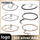 925 Sterling Silver Leather Bracelet Classic Logo Pendant Diamond Gift