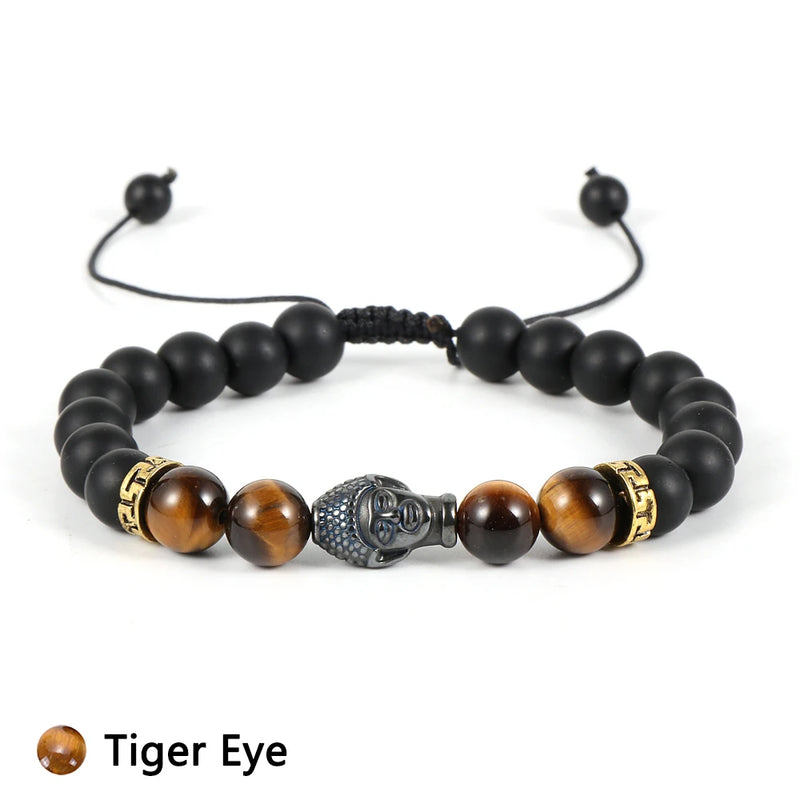 Tiger Eye Beads Bracelet Hematite Buddha Charm Adjustable Knot