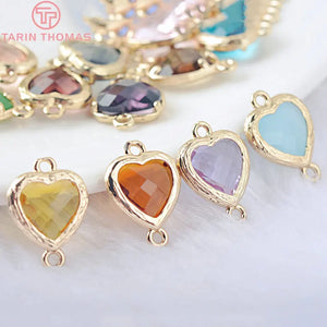10PCS 15x10MM 24K Champagne Brass Glass Heart Shape Connect Charms Pendants