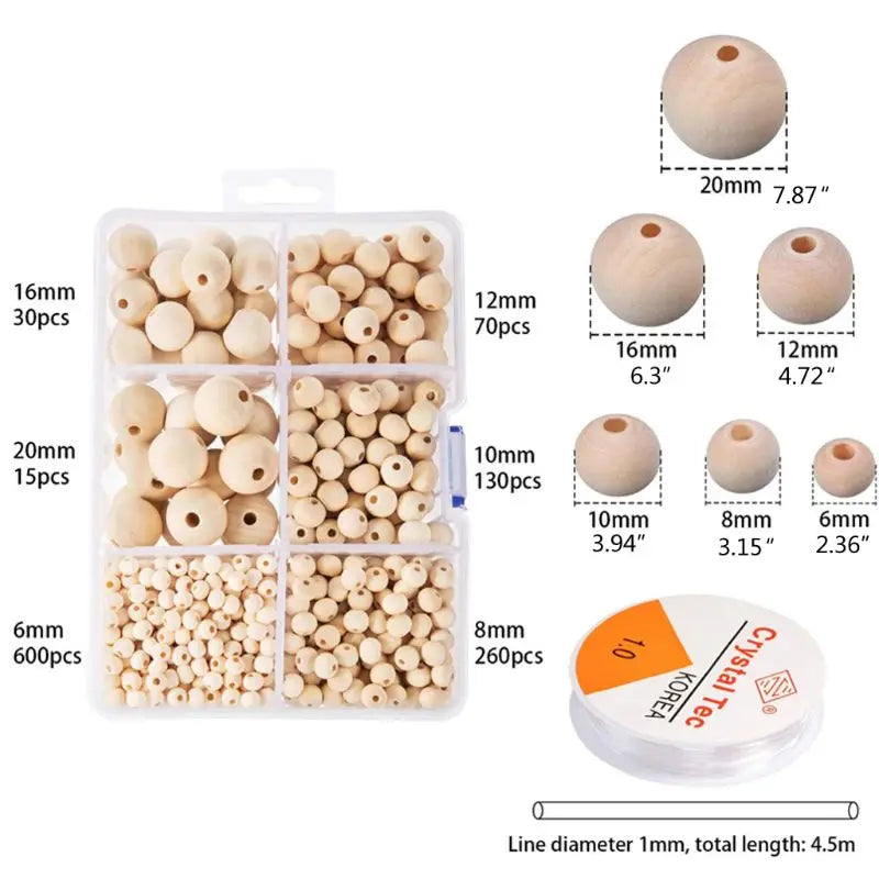 1105Pcs Wooden Beads Natural Round Wood Beads Kit Jewelry Craft Making