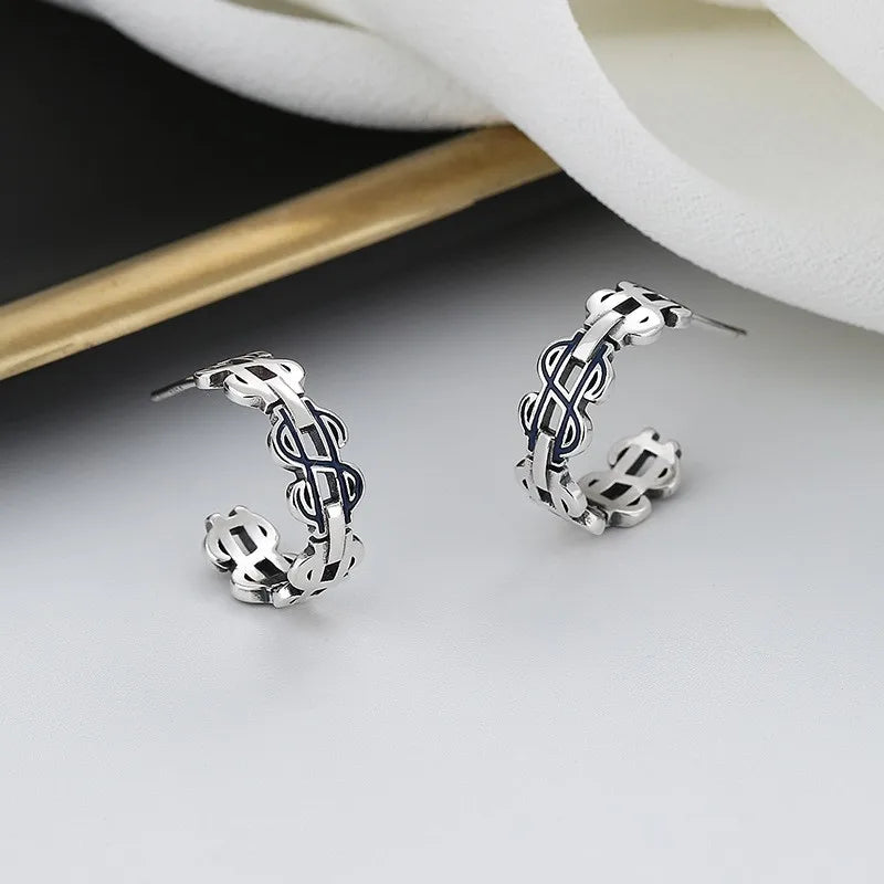 Retro S925 Silver US$ Sign C Earrings Charms for Women