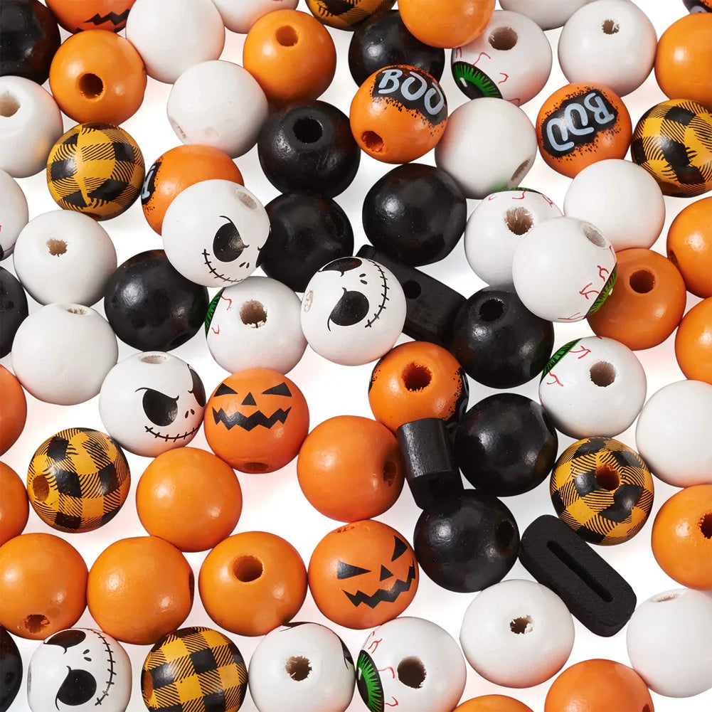 110Pcs Halloween Printed Wood Beads DIY Bracelet Jewelry Party Decor