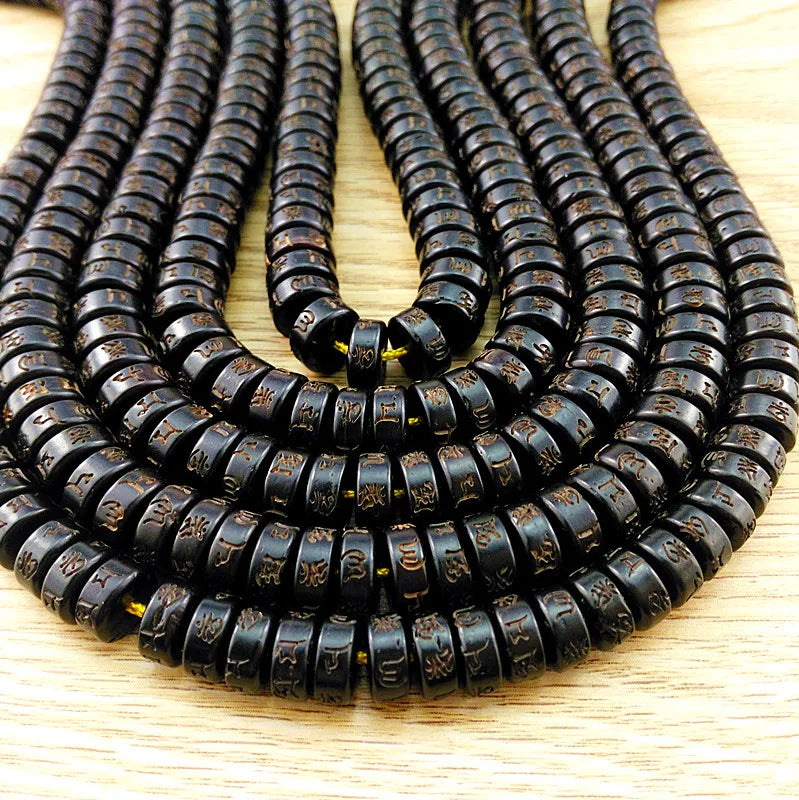 110pcs Coconut Shell Flat Beads Om Mani Padme Hum Loose String