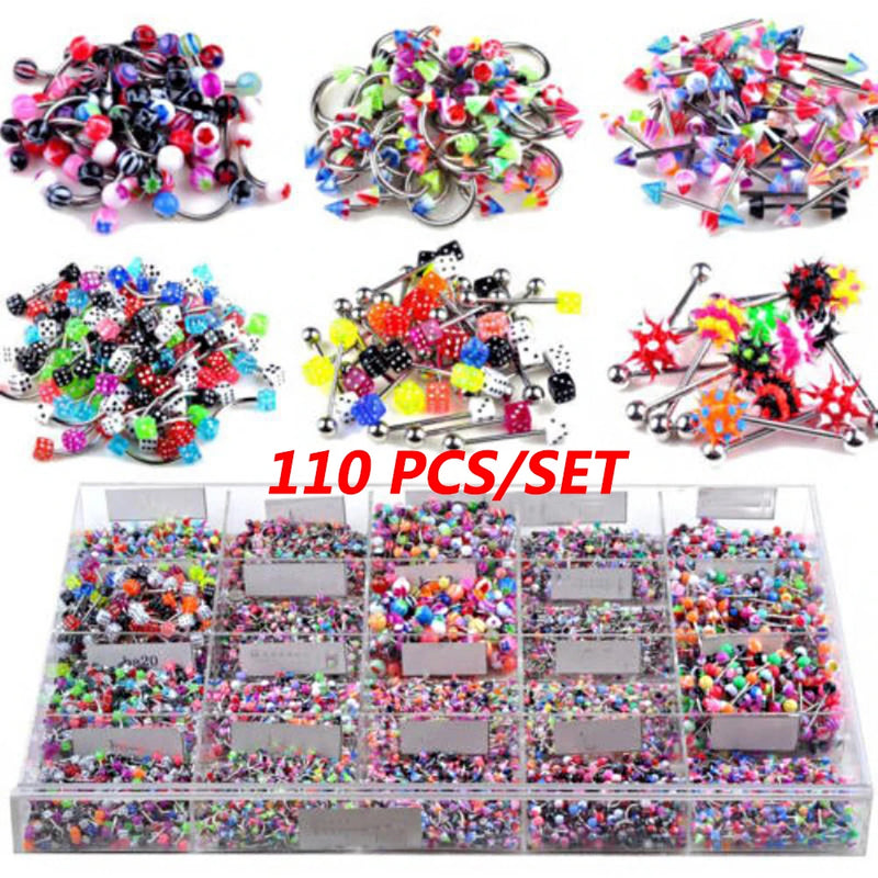 110pcs Mixed Lip Eyebrow Belly Tongue Nipple Bar Ring Sexy Vintage Piercing Stud