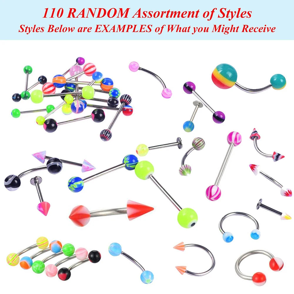 110pcs Mixed Lip Eyebrow Belly Tongue Nipple Bar Ring Sexy Vintage Piercing Stud