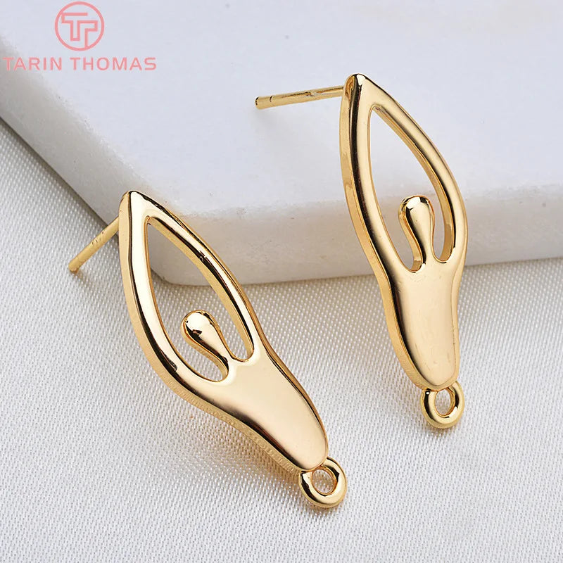 6PCS 10x30MM 24K Plated Brass Ballet Girl Stud Earrings DIY Jewelry Findings