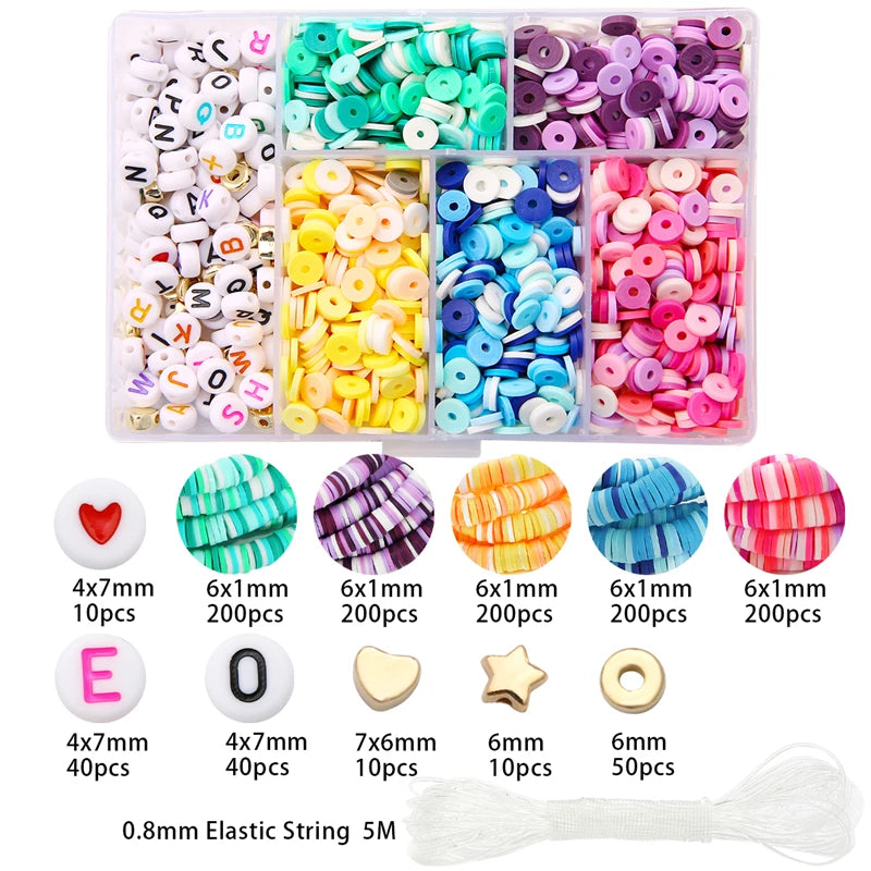 1160Pcs 6mm Acrylic Beads Clay Craft Beads Box Elastic Cord DIY Bracelet Jewelry