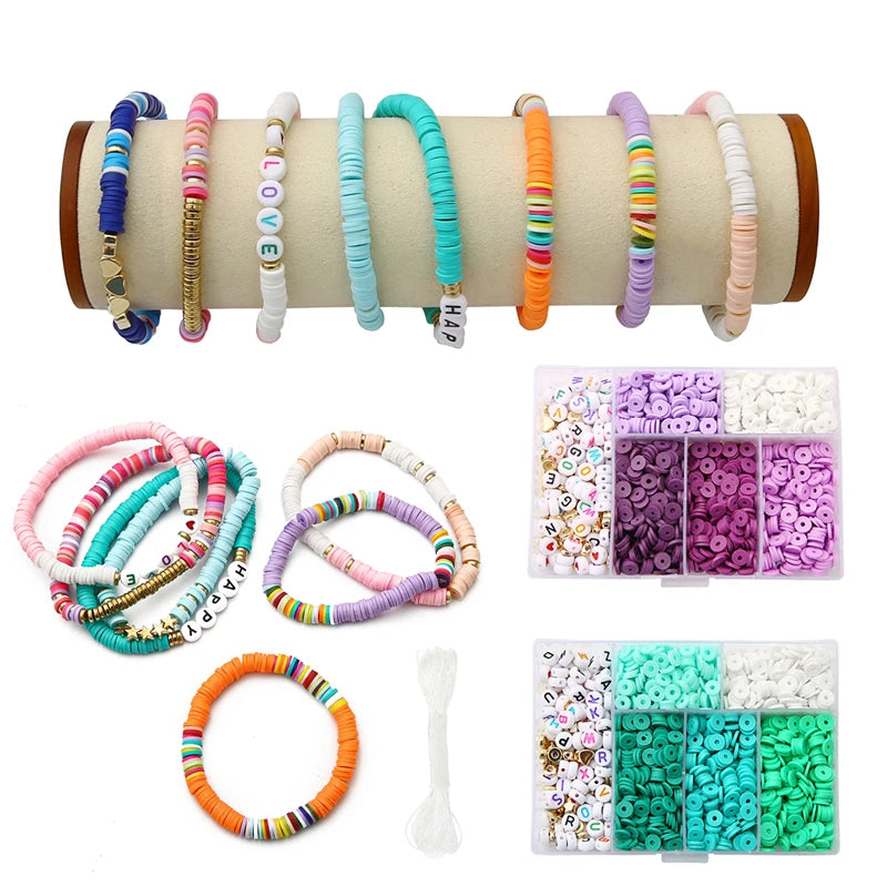 1160Pcs 6mm Acrylic Beads Clay Craft Beads Box Elastic Cord DIY Bracelet Jewelry
