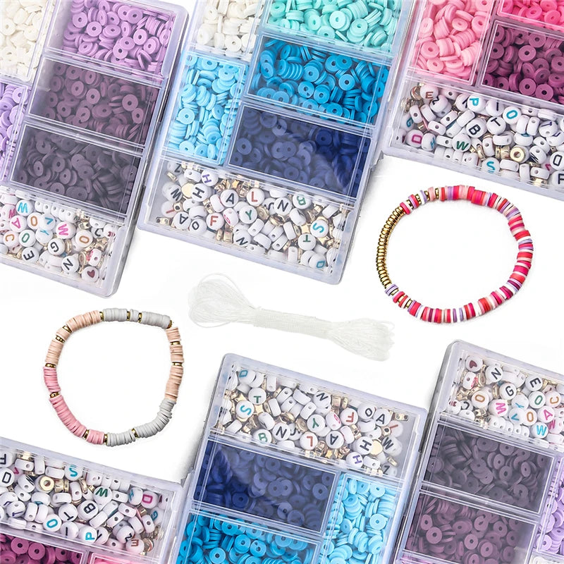 1160Pcs 6mm Acrylic Beads Clay Craft Beads Box Elastic Cord DIY Bracelet Jewelry