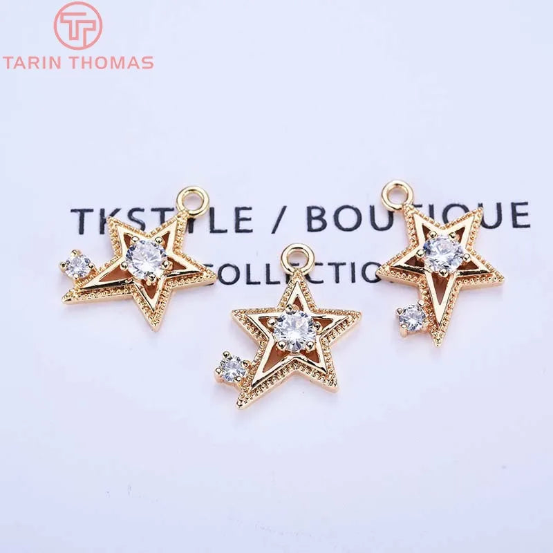 6PCS 14MM Zircon Star Charms Pendants 24K Plated Brass DIY Jewelry Accessories