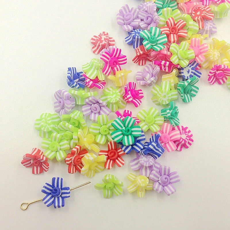 80Pcs Clay Charms Stripe Flower Mix Jewelry Beads