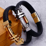 11MM Braided Leather Man Bracelet Stainless Steel Cross Charm Hand Bands