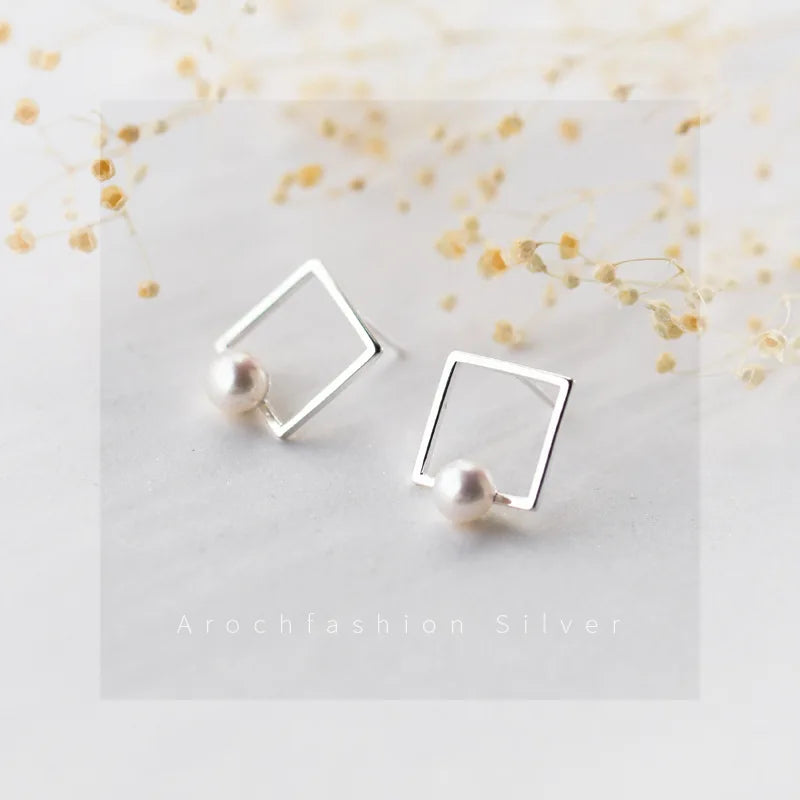 925 Silver Freshwater Pearl Geometric Stud Earrings