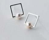 925 Silver Freshwater Pearl Geometric Stud Earrings