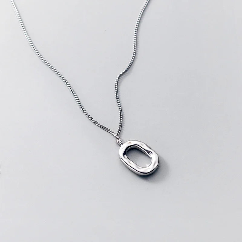 Sterling Silver Irregular Square Oval O Pendant Geometric Long Necklace