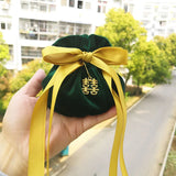 Dark Green Velvet Bag Yellow Tassel Drawstring Pouch Wedding Gift