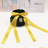Dark Green Velvet Bag Yellow Tassel Drawstring Pouch Wedding Gift