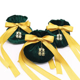 Dark Green Velvet Bag Yellow Tassel Drawstring Pouch Wedding Gift