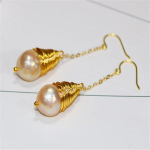 Yellow Pink Baroque Pearl Earrings Ear Drop Dangle Cultured Aurora Women