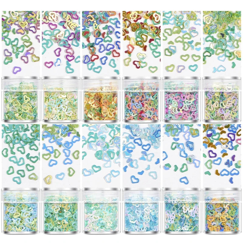 12 Bottles Hollow Heart-shaped Nail Sequins 4mm Glitter Nail Jewelry DIY