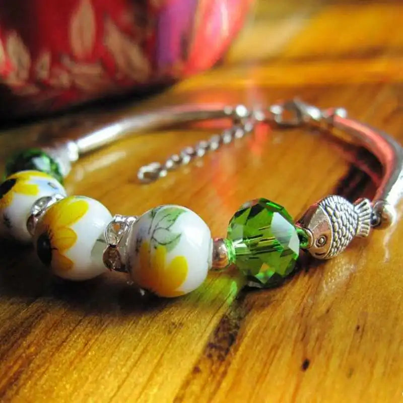 Ethnic Ceramic Crystal Beads Women's Beaded Strand Bracelet Bangle YBR116