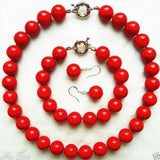 10mm Red Coral Shell Pearl Jewelry Set 925 Silver
