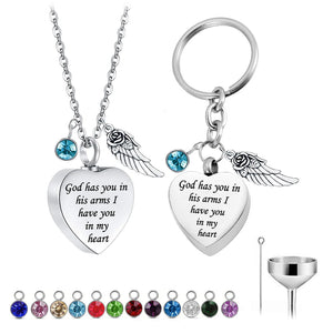 Heart Shaped Birthstone Urn Necklace with Angel Wings Cremation Jewelry