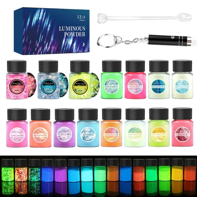 12 Colors Glow Pigments 3 Colors Glow Flakes UV Epoxy Glow Powder Skin Nail