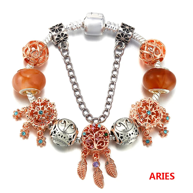 Constellation Style Snake Chain Charm Bracelet with Crystal Beads Pendant