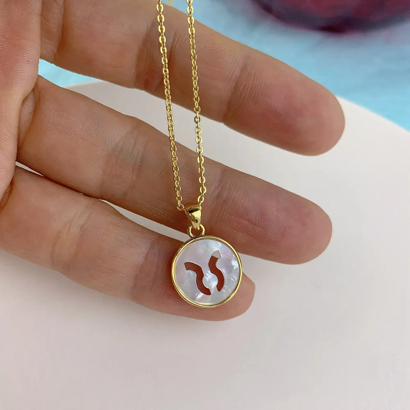 12 Zodiac Sea Shell Carved Pendant Necklace