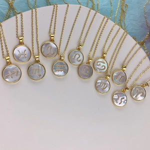 12 Zodiac Sea Shell Carved Pendant Necklace