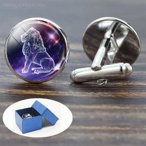Zodiac Signs Cufflinks Set for Men Glass Wedding Suit Cuff Link