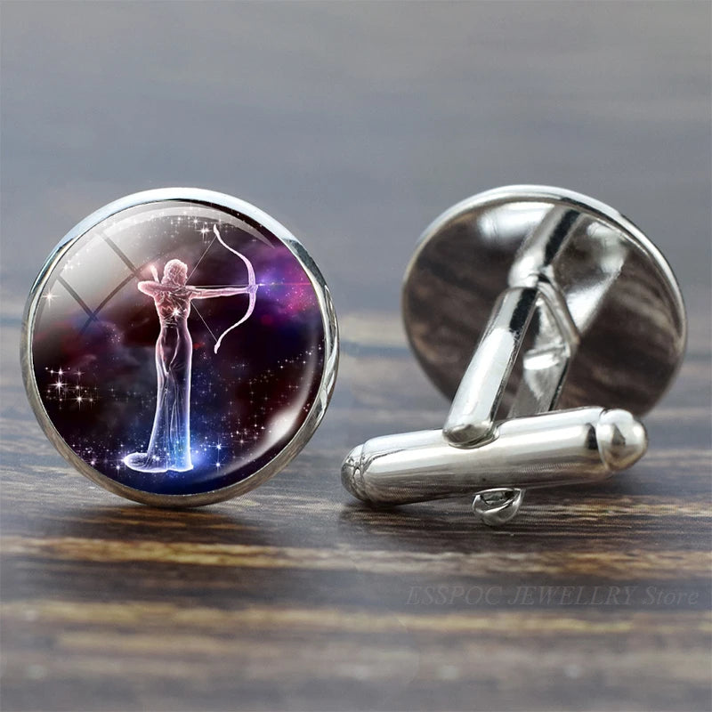 Zodiac Signs Cufflinks Set for Men Glass Wedding Suit Cuff Link