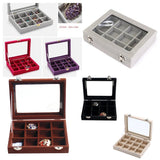 12 Grid Velvet Glass Ring Storage Box Tray Holder - Various Colors