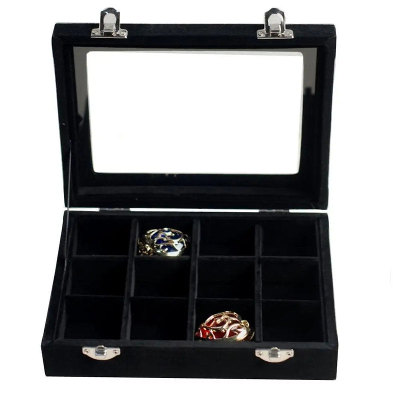 12 Grid Velvet Glass Ring Storage Box Tray Holder - Various Colors