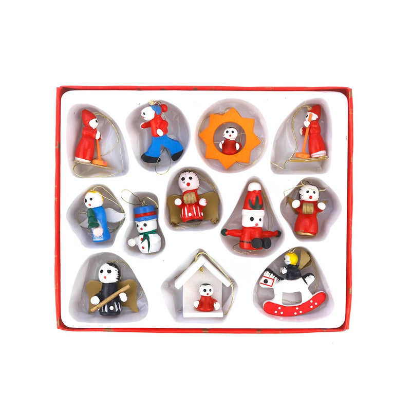 12 PCS Christmas Wooden Ornament Mini Hanging Pendants Tree Decorations