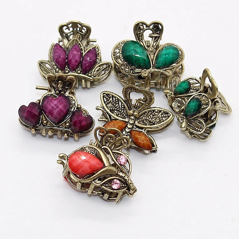 Vintage Metal Rhinestone Butterfly Hair Claw with Crystal Flower