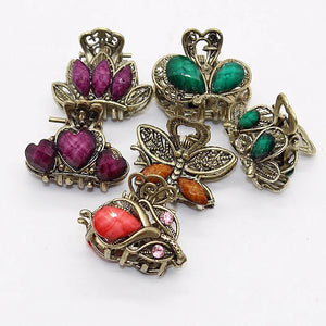 Vintage Metal Rhinestone Butterfly Hair Claw with Crystal Flower