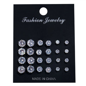 12 Pairs Zircon Stud Earrings Set Crystal Ear Studs Men Women Punk Party Jewelry