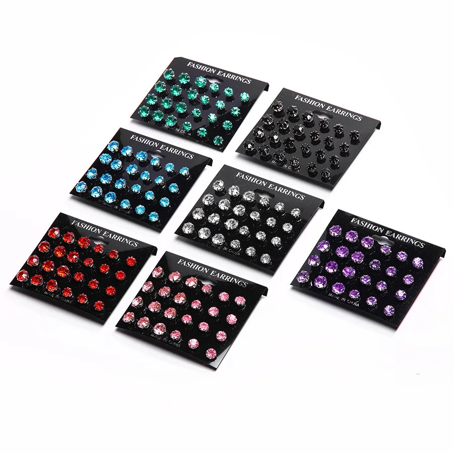 12 Pairs Zircon Stud Earrings Set Crystal Ear Studs Men Women Punk Party Jewelry