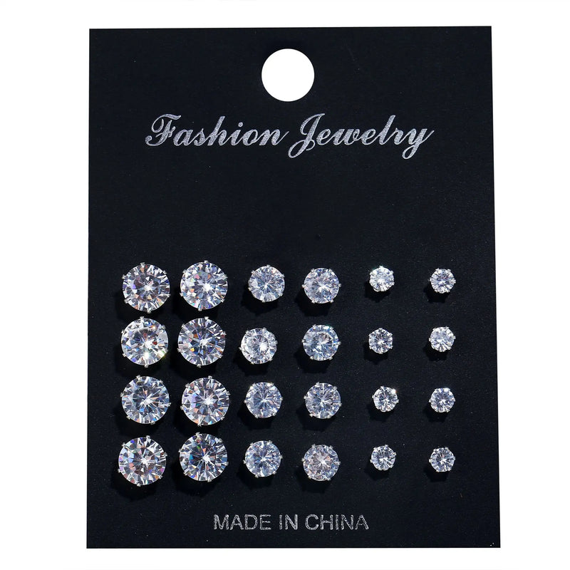12 Pairs Zircon Stud Earrings Set Crystal Ear Studs Men Women Punk Party Jewelry