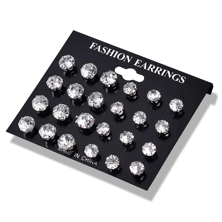 12 Pairs Zircon Stud Earrings Set Crystal Ear Studs Men Women Punk Party Jewelry