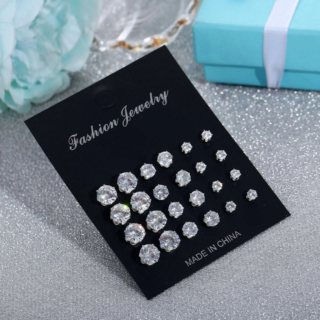 12 Pairs Zircon Stud Earrings Set Crystal Ear Studs Men Women Punk Party Jewelry