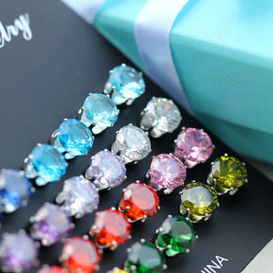 12 Pair Colorful CZ Wedding Stud Earrings Set for Women