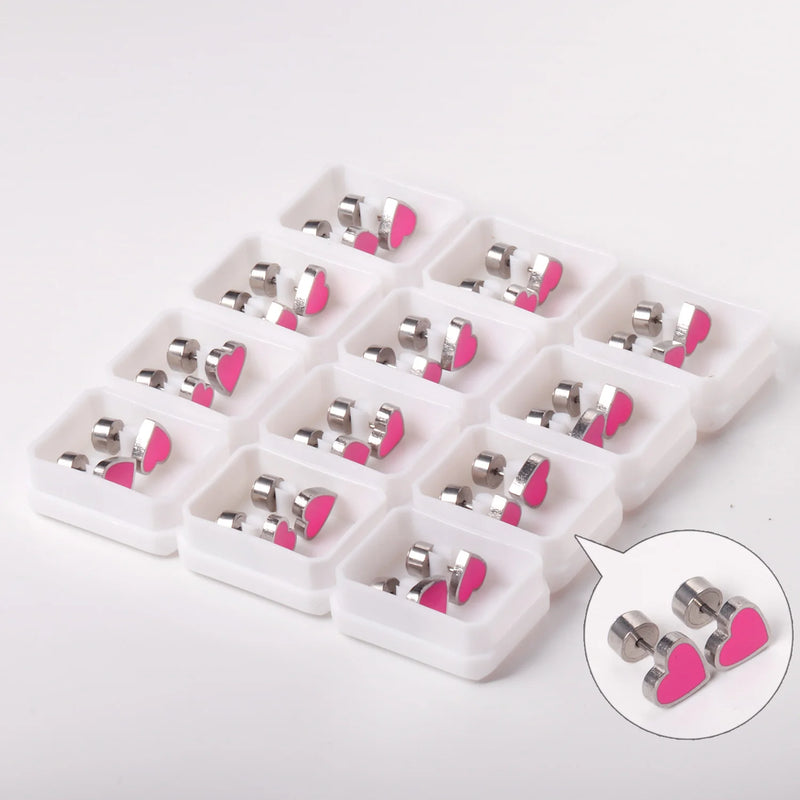 12 Pairs Pink Heart Stud Earrings 316L Stainless Steel Gold/Silver Jewelry