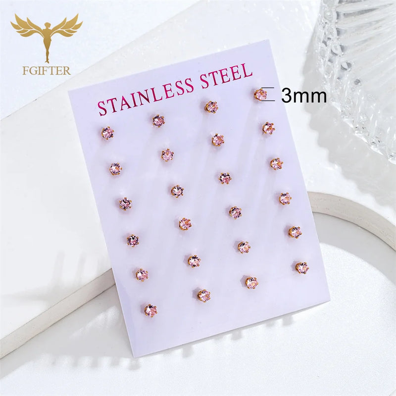 12 Pairs 3mm Pink Zircon Earrings Set Crystal Stud Earings Stainless Steel