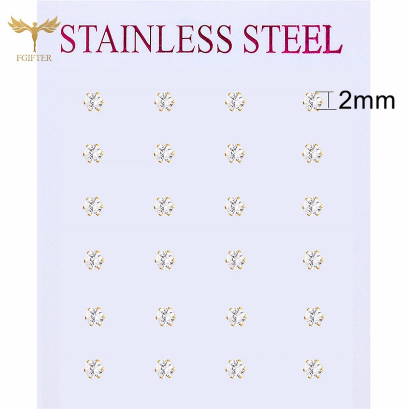 12 Pairs CZ Zircon Earrings Stainless Steel Piercing Jewelry 2mm Small 6mm Big