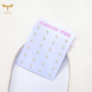 12 Pairs CZ Zircon Earrings Stainless Steel Piercing Jewelry 2mm Small 6mm Big